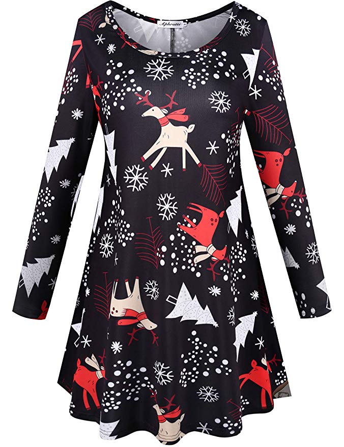 Aphratti Women's Long Sleeve Casual Santa Christmas Print Flare Swing Dress