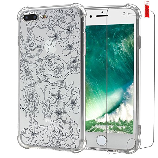 iPhone 7 Plus Case Floral, Air Cushion Soft Hybird TPU Bumper Shockproof Slim Armor Clear Protective Case and Tempered Glass Screen Protector with Art Flowers Design for Apple iPhone 7 Plus 5.5 Inch