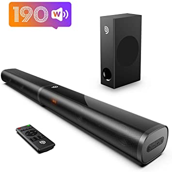 Soundbar, Bomaker 32 Inch 190W TV Sound bar with 5.25 Inch Subwoofer, 125dB, Customized Bass , Wireless Bluetooth 5.0, 6 EQ Modes, Game Movie & 3D, For Outdoor Activities, Remote Control, 3.5mm, Optical and HDMI Cables Included