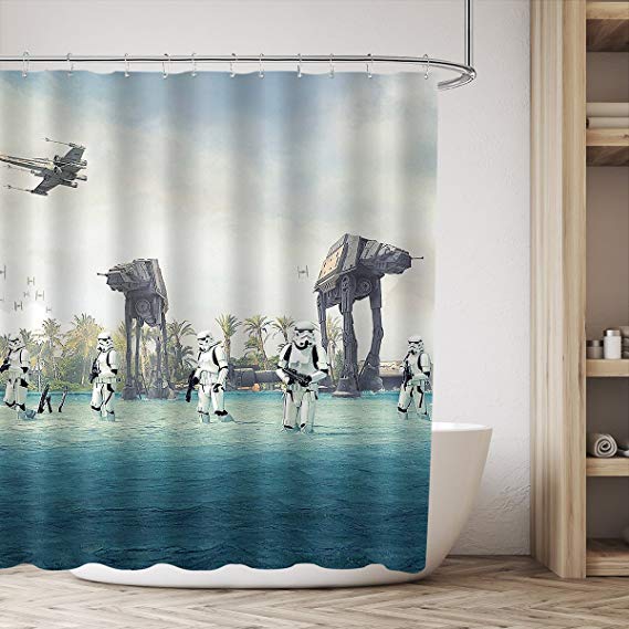 AT-AT Empire Strikes Back In Star Wars Movie Shower Curtain Set Blue Ocean Green Tree Stormtroopers Shower Curtain Panel 72x72 Inch Polyester Waterproof Fabric With 12-Pack Plastic Shower Hooks