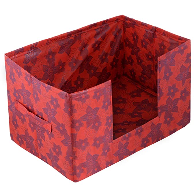 Kuber Industries Metalic Flower Large Capacity Space Saver Closet, Stackable and Foldable Saree, Clothes Storage Bag, Non-Woven Rectangle Cloth Saree Stacker Wardrobe Organizer (Red) CTKTC034567
