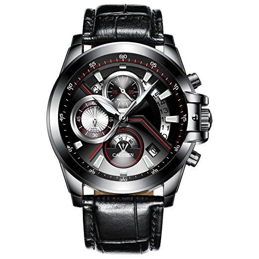 CADISEN Men's Quartz Analog Chronograph Luxury Sport Wrist Watch with Leather Band(C9016-Black-L)