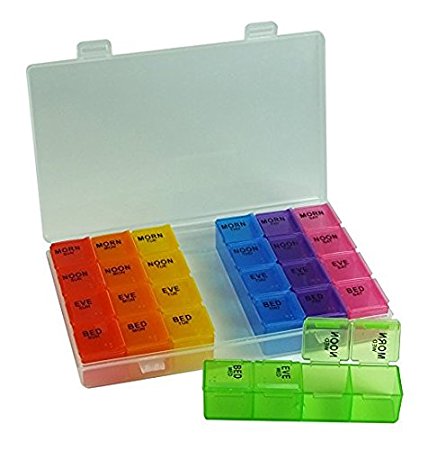 Small 7 Day Pill Box - Travel Prescription & Medication Pill Organizer in Plastic Pill Case with Pill Splitter from Stuff Seniors Need, (See Pictures for Sizes of Compartments to Pill Cases)
