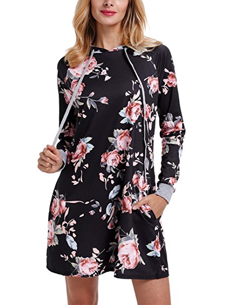 FARYSAYS Women's Casual Long Sleeve Sweatshirt Floral Printed Loose Hoodie Dress ( S-XL )