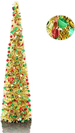 YuQi 5' Gold Point Pop-Up Artificial Christmas Tree,Collapsible Pencil Christmas Trees for Apartments,Dorm Rooms,Fireplace or Party