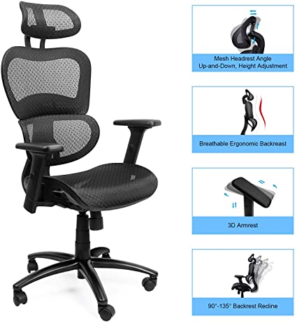 Komene Mesh Home Office Computer Desk Chair, Ergonomic Swivel High Back Task Executive Lumbar Support Aeron Chair, Modern Comfortable Ergo Drafting 3D Armchair Backrest Tilt Recliner SGS, BIFMA Passed