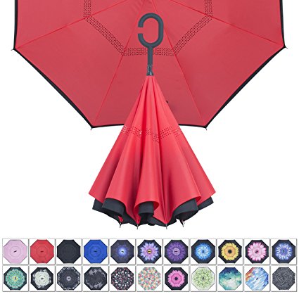DealBang Inverted Double Layer Umbrella Reverse Umbrella,Windproof Tested UV Protection Big Straight Umbrella for Car Outdoor Use with C-shaped Free Handle and Carrying Bag