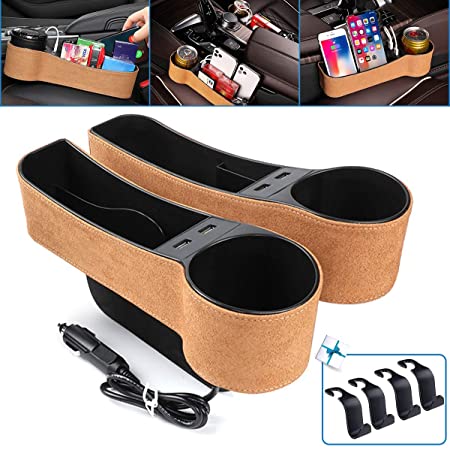 CAVEEN Car Seat Gap Filler, Multifunctional Car Seat Organizer, Car Console Side Organizer with 2 USB Charging, Car Seat Pockets Storage Box for Cellphone Wallet Coin Key, 2 Pack, Black, Light Tan