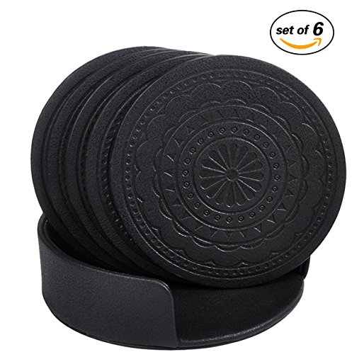 Coasters,PU Leather Coasters for Drinks Glasses Set of 6 with Holder Round Black