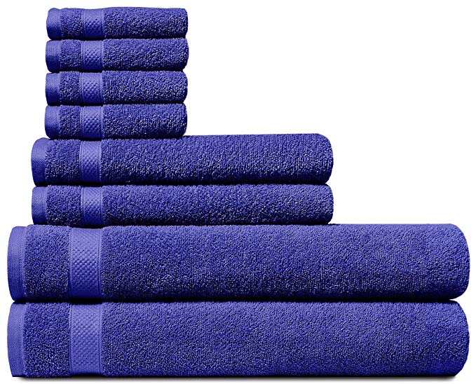 WELHOME Cotton 8 Piece Towel Set (Navy Blue); 2 Bath Towels, 2 Hand Towels and 4 Washcloths, Machine Washable, Super Soft