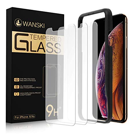 Wanski Screen Protector Compatible for iPhone X & iPhone Xs, Tempered Glass Screen Protector, Bubble Free with Guide Frame/Easy Installation [3 Pack] [5.8 Inch]