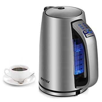 BESTEK Stainless Steel Electric Kettle with Temperature Control, 12828B Fast Boiling Cordless Water Boiler with Blue LED Illumination, 6 Temp Setting and Keep Warm Function, 1.7L BPA Free