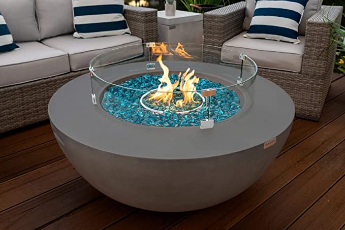 42" Modern Concrete Fire Pit Table Bowl w/ Glass Guard and Crystals in Gray by AKOYA Outdoor Essentials (Clear Crystals)
