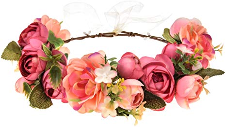 June Bloomy Women Rose Floral Crown Hair Wreath Leave Flower Headband with Adjustable Ribbon