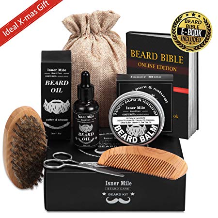 UPGRADED Beard Kit for Men Beard Growth Grooming & Trimming with Unscented Leave-in Conditioner Oil, Mustache & Beard Balm Butter Wax, Beard Brush, Beard Comb, Sharp Scissors, Best Perfect Gift