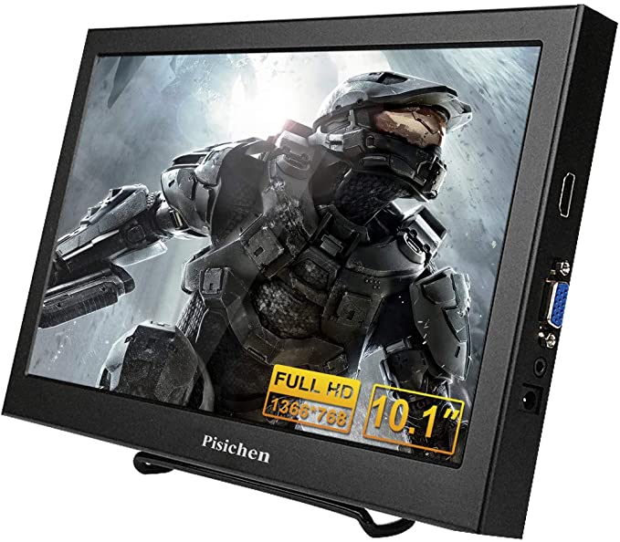 Portable Monitor - Pisichen 10.1 inch CCTV Monitor Ultra HD 1366x768 IPS LCD/LED Screen Small Monitor with VGA HDMI input, Built-in speakers, Metal Case Black