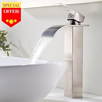 VESLA HOME Contemporary Single Handle Brushed Nickel Tall Vessel Sink Bathroom Faucet,With Large Rectangular Spout