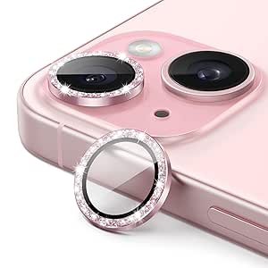 JETech Camera Lens Protector for iPhone 15 6.1-Inch and iPhone 15 Plus 6.7-Inch, Bling Glitter Individual 9H Tempered Glass Metal Ring Cover, HD Clear, 1 Set (Pink)