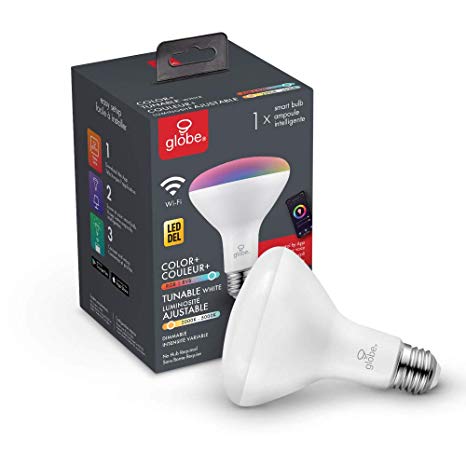 Globe Electric Smart Home Wi-Fi 10 Watt (65W Equivalent) Multicolor Changing RGB Tunable Dimmable Frosted LED Light Bulb, No Hub Required, 2000K-5000K, BR30 Shape, E26 Base 50035, BR30, White