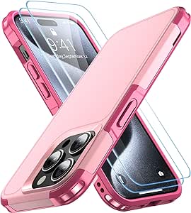 Shockproof for iPhone 15 Pro Case,[18 FT Military Grade Drop Protection],with 2X[Tempered Glass Screen Protector ] with Air Bumpers Full-Body Protective Phone Case,Pink