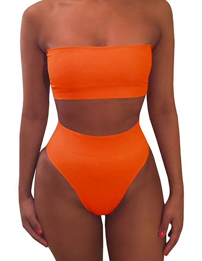 Misassy Womens Sexy High Waisted Bikini 2 Piece Bandeau Swimsuit Top Cheeky Bottoms Set
