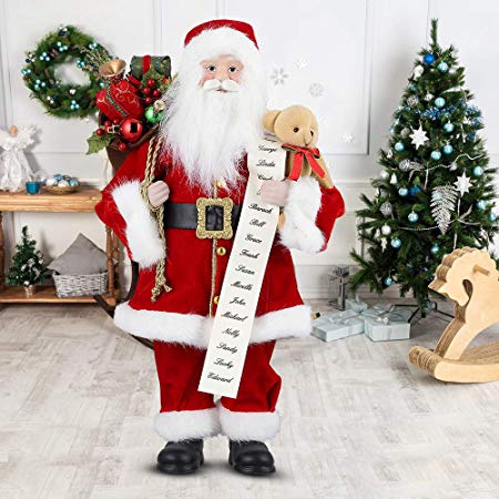 Uten 18" Santa Claus, Christmas Figurine Figure Decor with Good and Bad List and Bear and Gifts Bag for Holiday Party Home Decoration