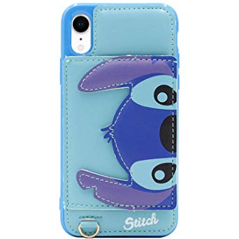 iPhone XR Case, MC Fashion Cute [Cartoon Kickstand Series] with [Card Holder Stand] TPU   Leather Soft Protective Case Teens Girls Women for Apple iPhone XR (2018) 6.1-Inch (Stitch)