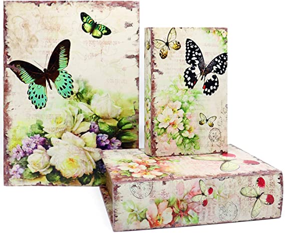 Jolitac Decorative Book Boxes World Map Pattern Antique Book Invisible box with Magnetic cover, Faux Wood Set of 3 Storage Set (Butterfly)