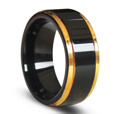 EZreal Gold Edges and Raised Center Top Polished Black Tungsten Carbide Rings  Mens Womens Wedding Bands Anniversary Rings Comfort Fit 8mm