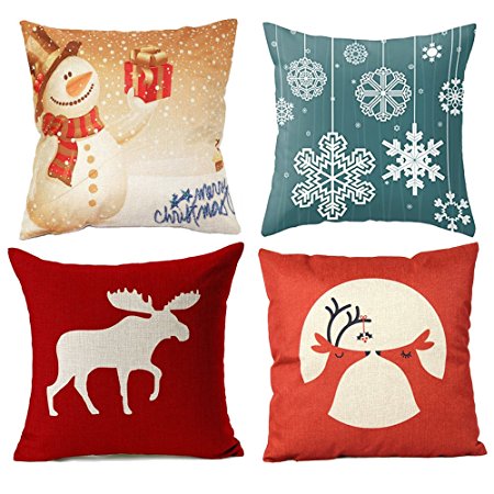 Wonder4 Cotton Linen Square Merry Christmas Throw Pillow Case Cushion Cover pillow slip set of 4 pcs 18 x 18 inches, Christmas Gifts