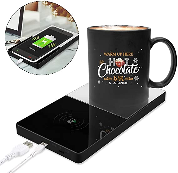 Coffee Warmer, Yatuela 3 in 1 Electric Beverage Warmer Plate, Wireless Charger&Coffee Mug Warmer&Mirror, Constant Temperature 131℉/55℃, Automatic Shut Off for Office Home Use(Tea,Water,Cocoa or Milk)