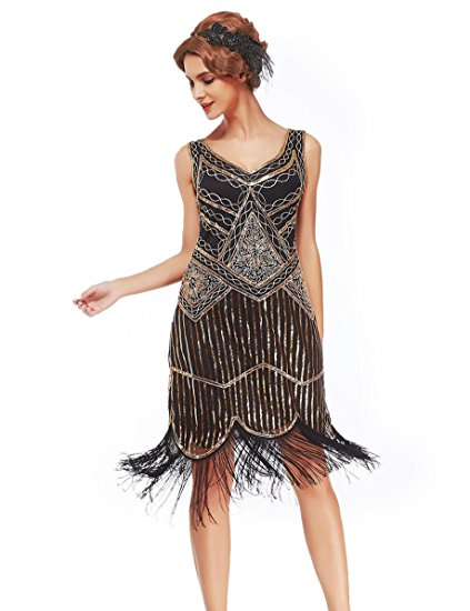 Uniq Sense XS-XXL Women's Roaring 20s V-Neck Gatsby Dresses- Vintage Inpired Sequin Beaded Flapper Dresses