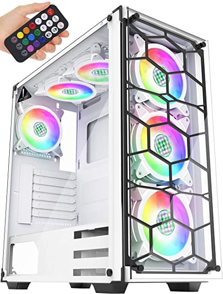 MUSETEX ATX Mid-Tower Chassis with USB 3.0, 6 PCS 120mm Fans ARGB Lighting System Voice Remote Control, 2 Tempered Glass Panels PC Gaming Case,White