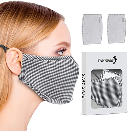 Tanness Checkered Fabric Cotton Face Masks 1 Mask   2x PM2.5 Filters - Reuseable Washable Face Cover (Black)