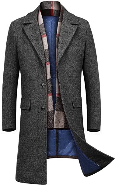 INVACHI Men's Slim Fit Winter Warm Short Wool Blend Coat Business Jacket with Free Detachable Soft Touch Wool Scarf