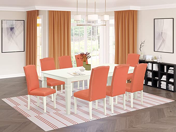 9Pc Rectangle 66/84 Inch Kitchen Table With 18 In Leaf And Eight Parson Chair With Linen White Leg And Pu Leather Color Pink Flamingo