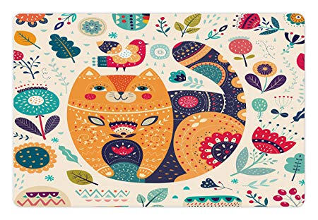 Ambesonne Paisley Pet Mat for Food and Water, Little Smiling Chubby Cheek Cat Animal with Various Oriental Leaf Flower Artwork, Rectangle Non-Slip Rubber Mat for Dogs and Cats, Multicolor