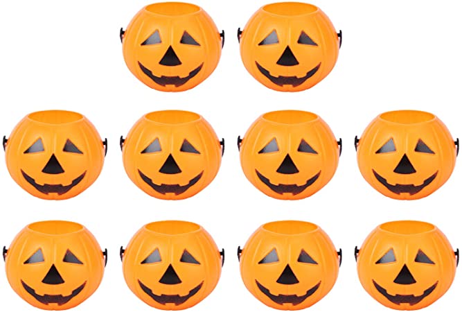 LUOEM 10pcs Halloween Pumpkin Candy Bucket Portable Pumpkin Bucket Children Trick or Treat Bags for Party Favors 3.34 x 2.16 x 1.77 Inch (Orange)