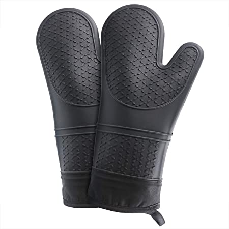 TOPSKY Silicone Oven Mitts Waterproof Professional Heat Resistant Pot Holder Gloves Extra Long Black Silicone Oven Mitts with Soft Inner Lining Machine Washable for Cooking Baking BBQ Microwave 1 Pair