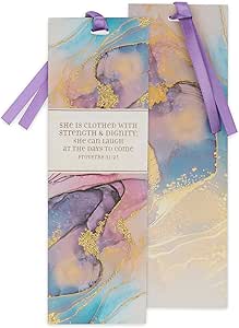 Christian Art Gifts Purple Marble Swirl Premium Scripture Bookmark Clothed with Strength and Dignity Proverbs 31:25 Bible Verse Metallic Gold Accent Inspirational Bookmark for Women w/Satin Ribbon