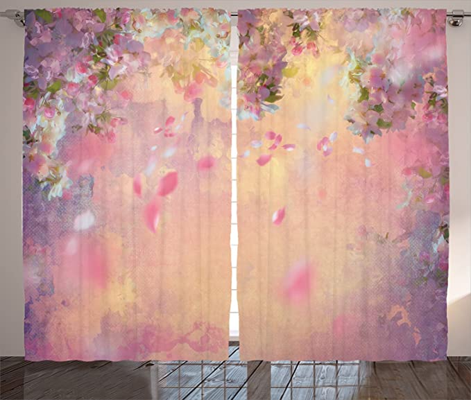 Ambesonne Nature Curtains, Abstract Composition of Japanese Flourishing Spring Nature in Asia, Living Room Bedroom Window Drapes 2 Panel Set, 108" X 90", Peach Lavender