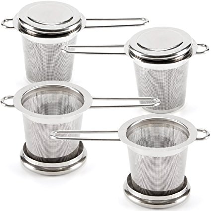 Tea Infuser EZOWare [Set of 4] Premium Stainless Steel Filter Reusable Mesh Filter Strainer With Lid and Handle, Perfect for Steeping Loose Leaf Tea