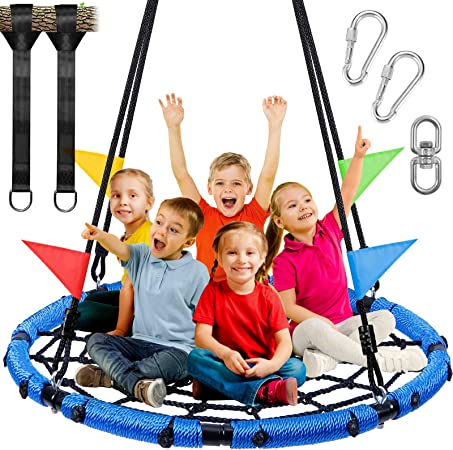 Odoland Spider Web Tree Swing, Outdoor Saucer Net Swing, 900D Oxford Platform Swing for Kids Adult, Backyard Round Flying Swing with Hanging Ropes Straps and Turnbuckle 43in Blue