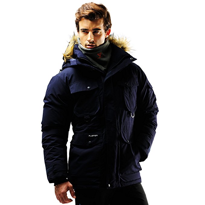 Fuerza Mens Winter Down Wellon Raccoon Fur Hooded Parka Jacket with Free Neck Warmer