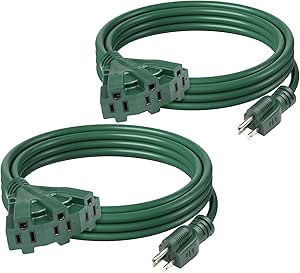 BN-LINK 10ft Outdoor Extension Cord with 3 Outlets, 2 Pack 13-Amp Power Cord, 16/3 SJTW, 3-Prong Grounded Plug, for Holiday Decorations & Landscaping, Green