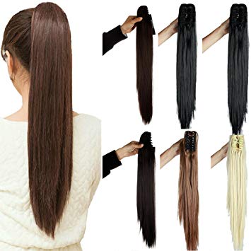 S-noilite Long Thick Claw Jaw Ponytail Big Wave Clip in Pony Tail Hair Extension Extensions (21 inches-straight, natural black)