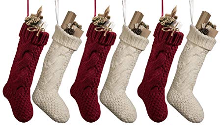 Goege Bailey Pack 6,18" Unique Burgundy and Ivory White Knit Christmas Stockings