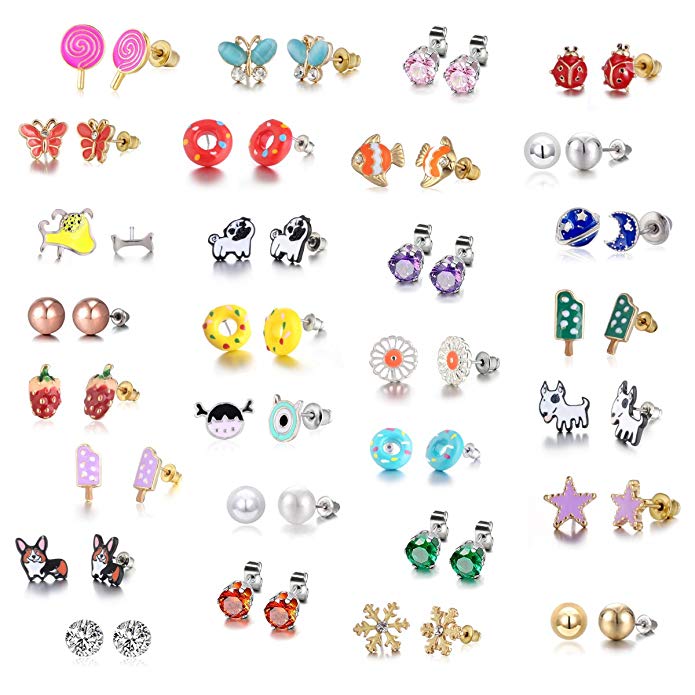 29 Pair Stainless Steel Gold Plated Mixed Color Cute Animal Food Dog Bone Popsicle Donut Star Ladybug CZ Faux Pearl Daisy Flower Stud Earring Set for Girls Kids