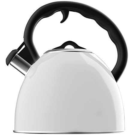 Vremi Whistling Tea Kettle for Stovetop - 2 Quart Tea Pot Stainless Steel Kettle Electric or Gas Stove Top - Cool Cute Modern Teapot Fast Boil Hot Water Whistle - Small Retro Metal Tea Kettle - White