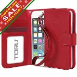 iPhone 5 Case iPhone 5s Case TORU WRISTLET CARD HOLDER KICKSTAND Premium Leather Flip Cover Wallet Case with Strap for Apple iPhone 5  iPhone 5s - Red